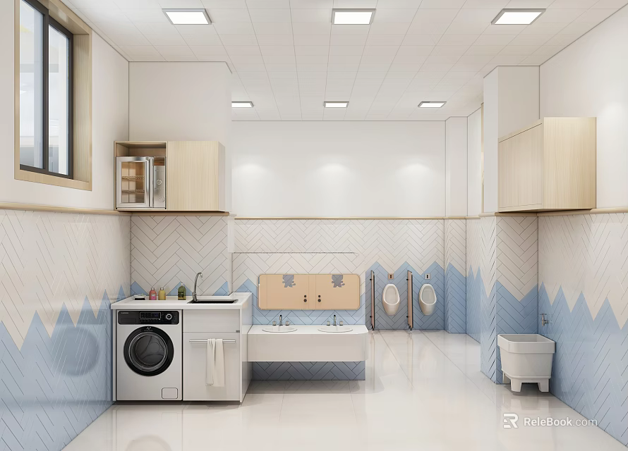Public Restroom Interior With Clean Design Tile Walls Washbasins Stalls And Bright Lighting 3d model 