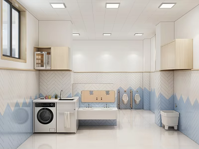 Public Restroom Interior With Clean Design Tile Walls Washbasins Stalls And Bright Lighting 3d model