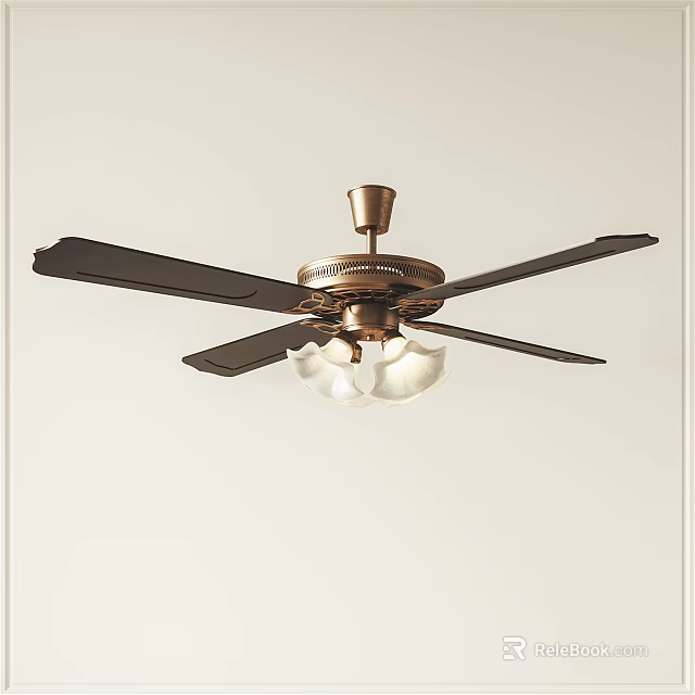 Elegant Modern Ceiling Fan With Black Blades Brass Base And Glass Light Shade 3d model 
