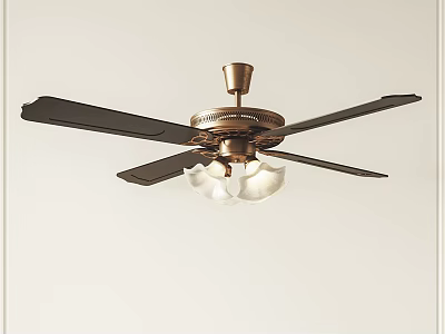 Elegant Modern Ceiling Fan With Black Blades Brass Base And Glass Light Shade 3d model