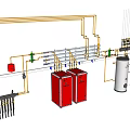 Industrial Equipment Piping System With Red And Silver Tanks Valves And Components