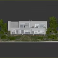 Modern White House With Flat Roof Wooden Terrace Blue Lounge Chairs And Greenery