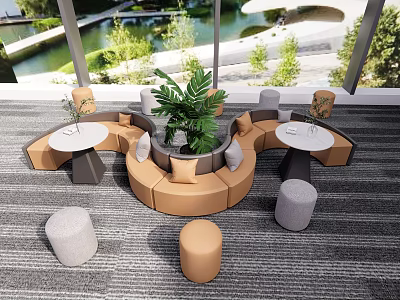 Modern Circular Sofa Coffee Table Set With Beige Gray Upholstery Green Plant And Small Stools 3d model