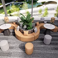 Modern Circular Sofa Coffee Table Set With Beige Gray Upholstery Green Plant And Small Stools
