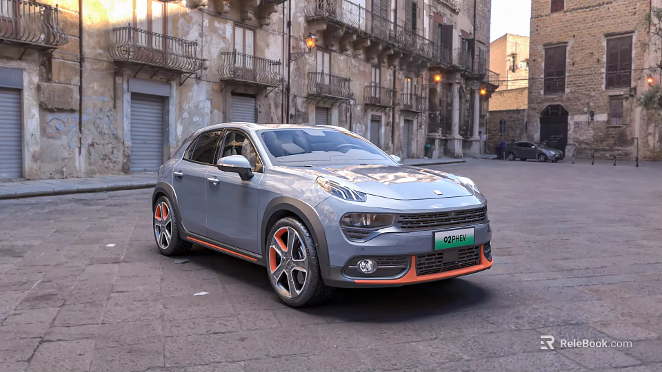 Gray Lynk Co 02 Car With Orange Rims Parked In Old Town Square 3d model 