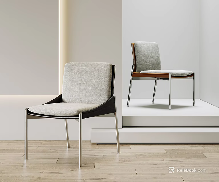 Modern Dining Chairs Featuring Grey Fabric Seats Wooden Backrests Black Frames And Metal Legs 3d model 