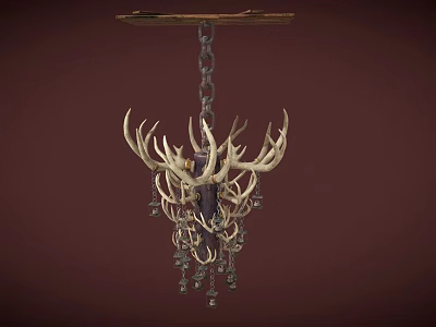 Antler Chandelier With Rustic Design Metal Chain And Decorative Glass Pendants Ceiling Mounted 3d model