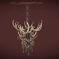 Antler Chandelier With Rustic Design Metal Chain And Decorative Glass Pendants Ceiling Mounted