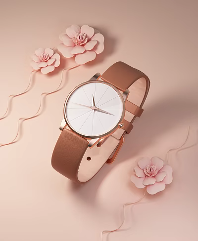 Stylish Wristwatch With Brown Leather Strap White Dial Rose Gold Case And Pink Flowers 3d model