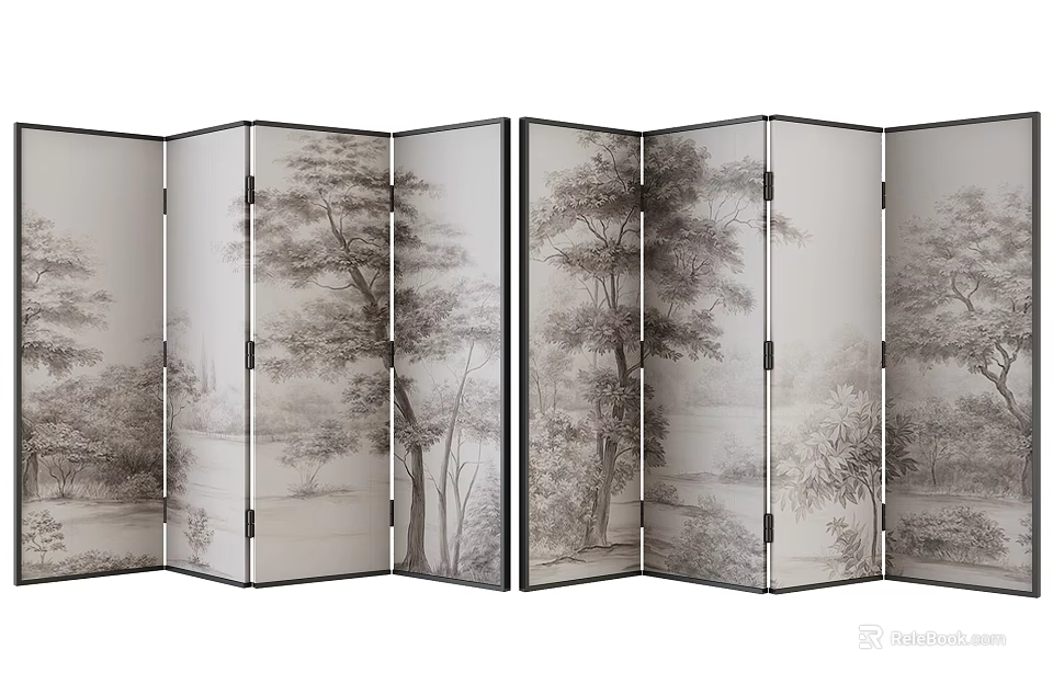 Vintage Six Panel Screen With Black Frame And Nature Tree Paintings 3d model