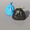 Blue And Black Plastic Trash Bags With Drawstring Closure On Gray Surface 3d model