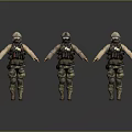 Three Camouflage Tactical 3D Model Figures With Military Gear And Helmet
