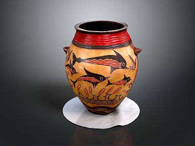 Traditional Ceramic Vase With Red Yellow Surface And Fish Leaf Patterns On White Base 3d model