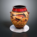 Traditional Ceramic Vase With Red Yellow Surface And Fish Leaf Patterns On White Base