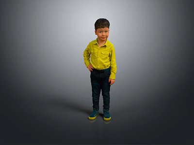 Young Boy In Yellow Shirt Dark Pants And Green Shoes Standing Against Gray Background 3d model