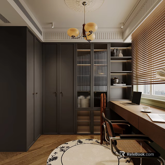Modern Study Room Interior With Dark Cabinets Bookshelves Chandelier And Laptop On Desk 3d model 