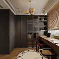 Modern Study Room Interior With Dark Cabinets Bookshelves Chandelier And Laptop On Desk