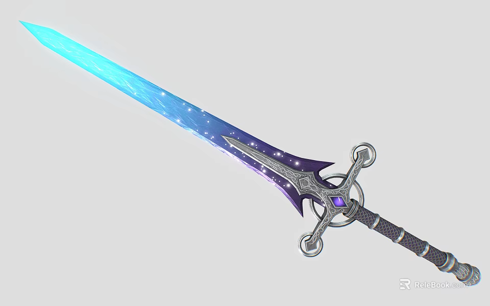 Fantasy Weapon Sword With Blue Glow Starry Pattern On Blade And Decorative Hilt With Gemstone 3d model 