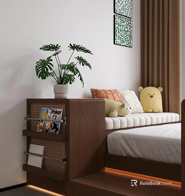 Brown Bed Bench With Orange White Pillows And Teddy Bear Near Magazine Rack Green Plant 3d model 