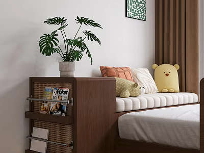 Brown Bed Bench With Orange White Pillows And Teddy Bear Near Magazine Rack Green Plant 3d model