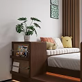 Brown Bed Bench With Orange White Pillows And Teddy Bear Near Magazine Rack Green Plant