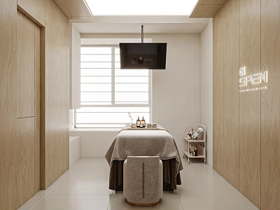 Relaxing SPA Sauna Interior With Wooden Walls Massage Table And Shutter Window 3d model