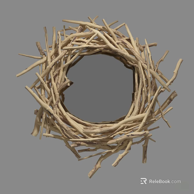 Natural Twig Decorative Round Mirror with Handmade Branch Frame Design 3d model 