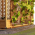 Outdoor Wooden Gazebo With Blue Roof Green Plants Around Table Chairs