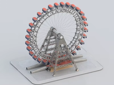 Ferris Wheel Amusement Ride With Red Cabins And Metal Structure On Base 3d model
