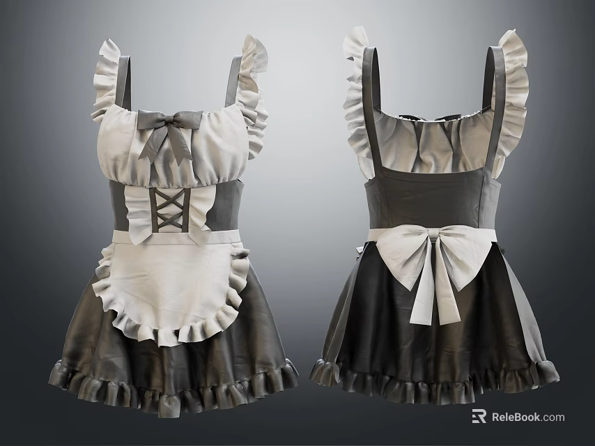 Hanger Displaying Fashionable Maid Dresses With Ruffle Trims And Bow Decorations 3d model 