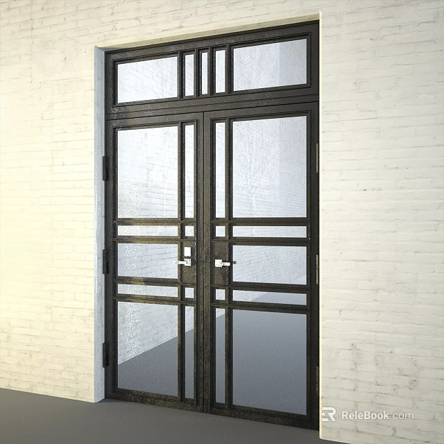 Black Metal Frame Double Doors With Clear Glass Panels Against White Brick Wall 3d model 