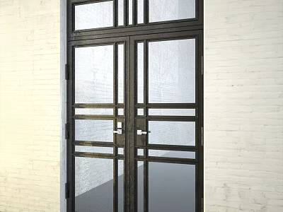 Black Metal Frame Double Doors With Clear Glass Panels Against White Brick Wall 3d model