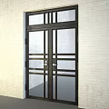 Black Metal Frame Double Doors With Clear Glass Panels Against White Brick Wall