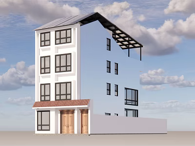 Detached Villa With White Exterior Multi story Gray Roof Black Frames And Wooden Doors 3d model