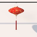 Red Chinese Lantern with Golden Floral Patterns Hanging from Black Pole with Red Tassel
