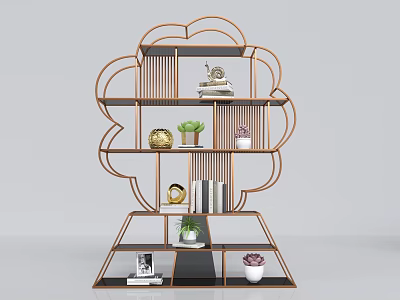 Modern Etagere With Curved Metal Frame And Decorative Plants Ornaments Books Photo Frames 3d model