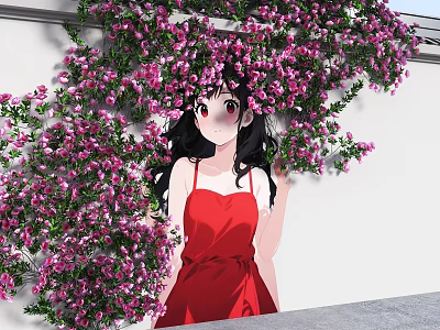 White Wall Adorned With Purple Flower Vines And Girl In Red Dress 3d model