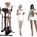 Multiple People Using Elliptical Trainer Wearing White Dress And Bear Print T Shirt