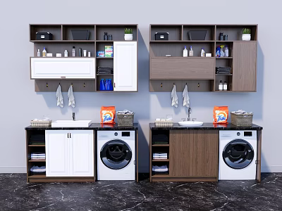 White And Dark Brown Bathroom Cabinet Rack With Wall Cabinets Washing Machine Sink Storage 3d model