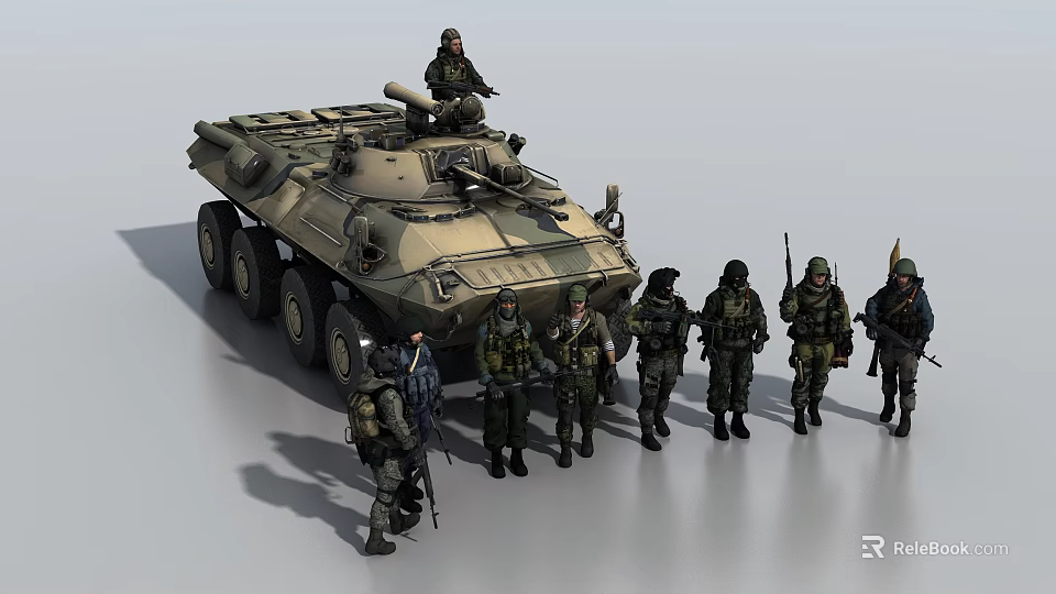 Camouflaged Wheeled Tank With Soldier On Top And Military Personnel Standing Around 3d model 