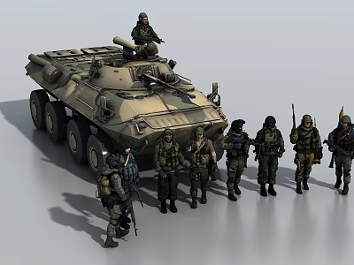 Camouflaged Wheeled Tank With Soldier On Top And Military Personnel Standing Around 3d model