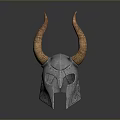 Horned Warrior Helmet With Silver Metal Surface And Brown Curved Horns