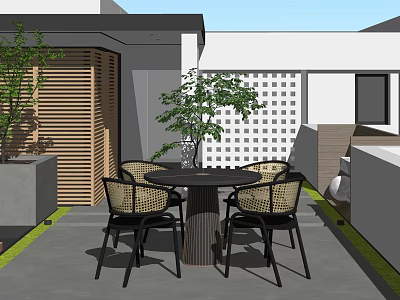 Modern Roof Garden Design With Outdoor Dining Table And Green Plants 3d model