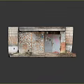 Aged Small Building Structure With Weathered Brick Wall Sticker And Rusty Metal Door