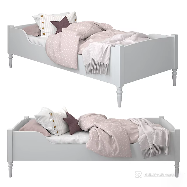 White Baby Crib With Pink Bedding Pillows And Fringe Blanket Classic Design 3d model 