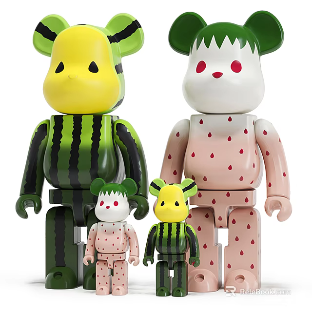 Strawberry And Watermelon Pattern Block Style Dolls In Green Pink Color With Different Sizes 3d model 
