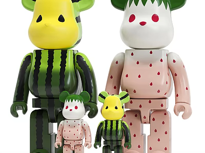 Strawberry And Watermelon Pattern Block Style Dolls In Green Pink Color With Different Sizes 3d model
