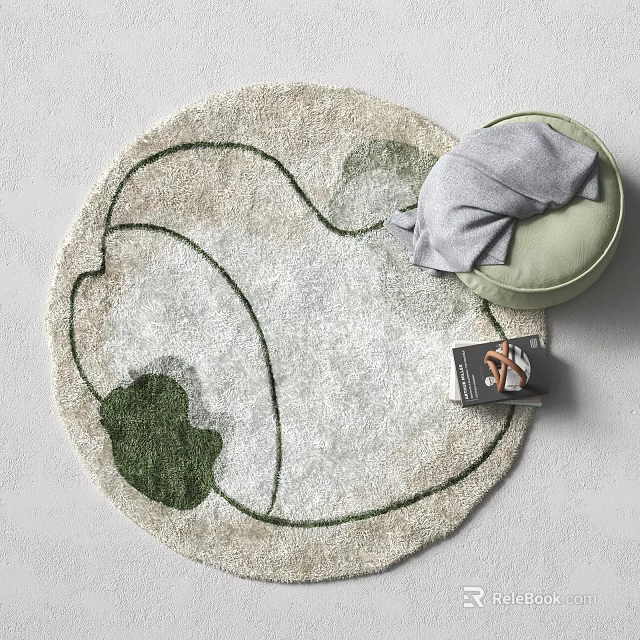 Round Rug With Green Patterns Soft Texture Gray Cushion And Book For Modern Home Decor 3d model 