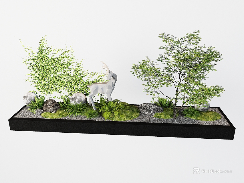 Indoor Landscape Design With Bamboo Small Trees Deer Sculpture And Green Grass 3d model 