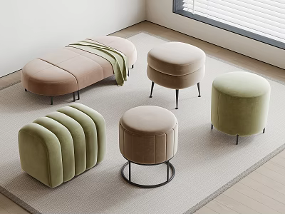 Various Design Velvet Stools In Beige And Green With Metal Legs For Modern Room 3d model